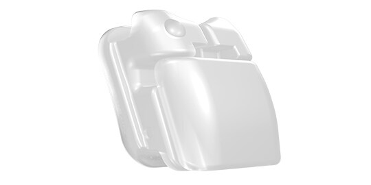 Closeup of gloved hand holding Clarity Ultra bracket with metal instrument.
