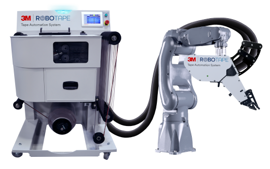 Image of the RoboTape payout, feed system and applicator head; head is connected to a gray robot arm