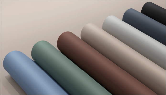 Rollos de películas arquitectónicas con colores audaces en tonos terrosos.
