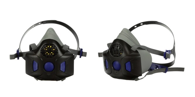 Respiradores reutilizables de medio rostro 3M Secure Click, imagen frontal y lateral
