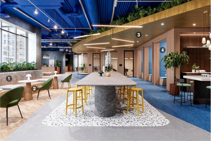 Espacio de trabajo renovado con colores atrevidos y acabados arquitectónicos naturales.
