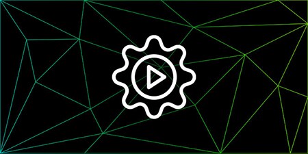 Graphic of faintly outlined triangle mesh on a black background with a bright icon of a gearwheel at the center
