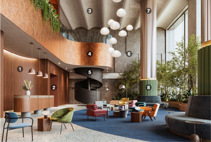 Salón moderno de mediados de siglo renovado con acabados arquitectónicos naturales.
