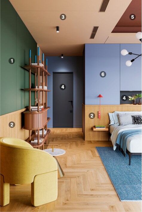 Una mezcla de acabados arquitectónicos de madera y colores atrevidos en un dormitorio.
