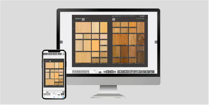 Catálogo digital de acabados arquitectónicos en una computadora y teléfono móvil.
