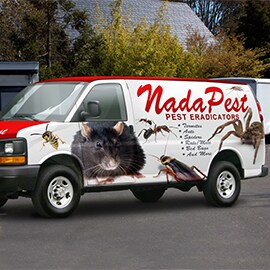 A van reading “Nada Pest” has images of pests on its vehicle wrap.
