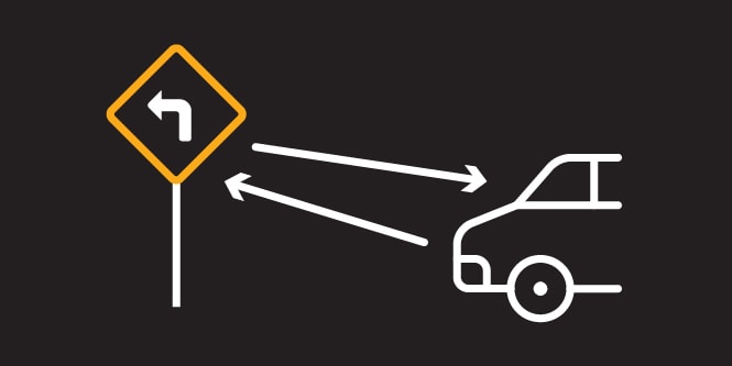 Illustration demonstrating sign reflectivity from a car’s headlights.
