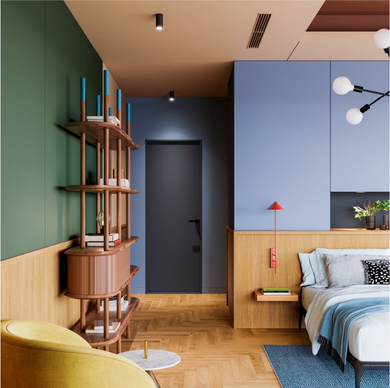 Acabados arquitectónicos de colores audaces en el dormitorio.

