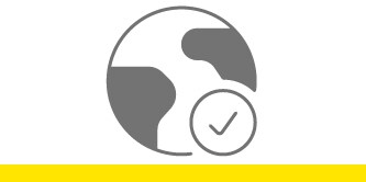 Icon of earth with a checkmark on it.
