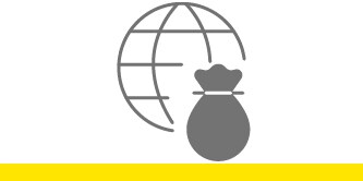 Icon of a globe with a bag of money in front of it.
