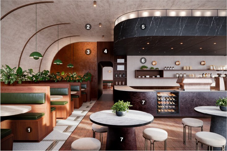 Moderna cafetería renovada con acabados arquitectónicos DI-NOC.
