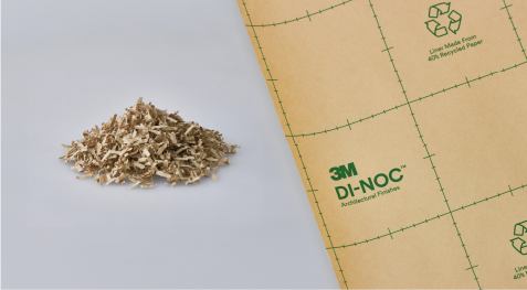 Pila de papel reciclado junto a un rollo de película arquitectónica 3M DI-NOC.
