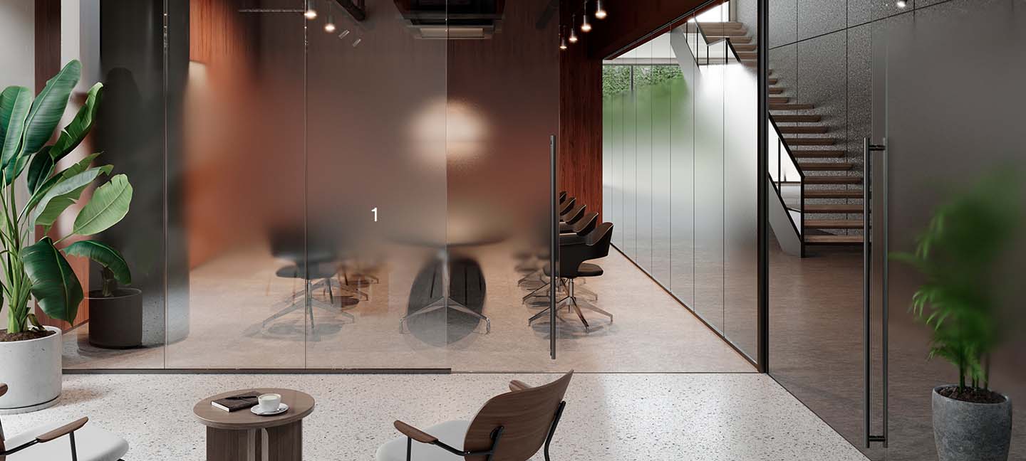 Elegante sala de reuniones privada con Acabados de Vidrio Fasara de 3M
